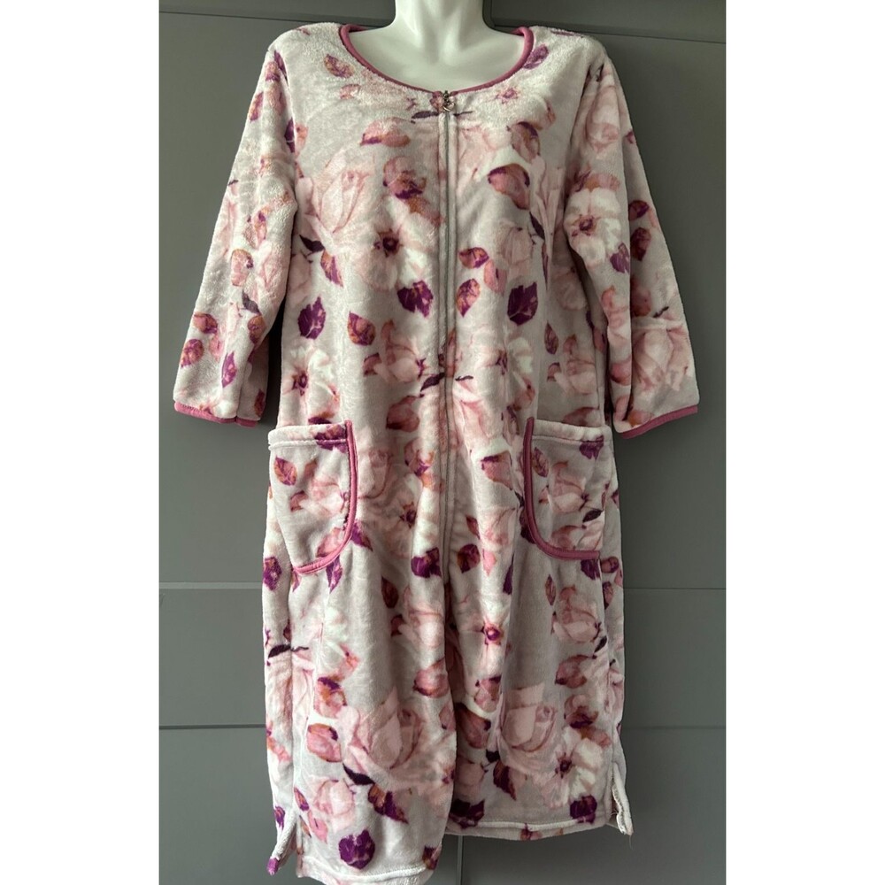 Womens M Gray Floral Print Plush Fleece Zip Up Robe Warm Zipper Bathrobe Soft